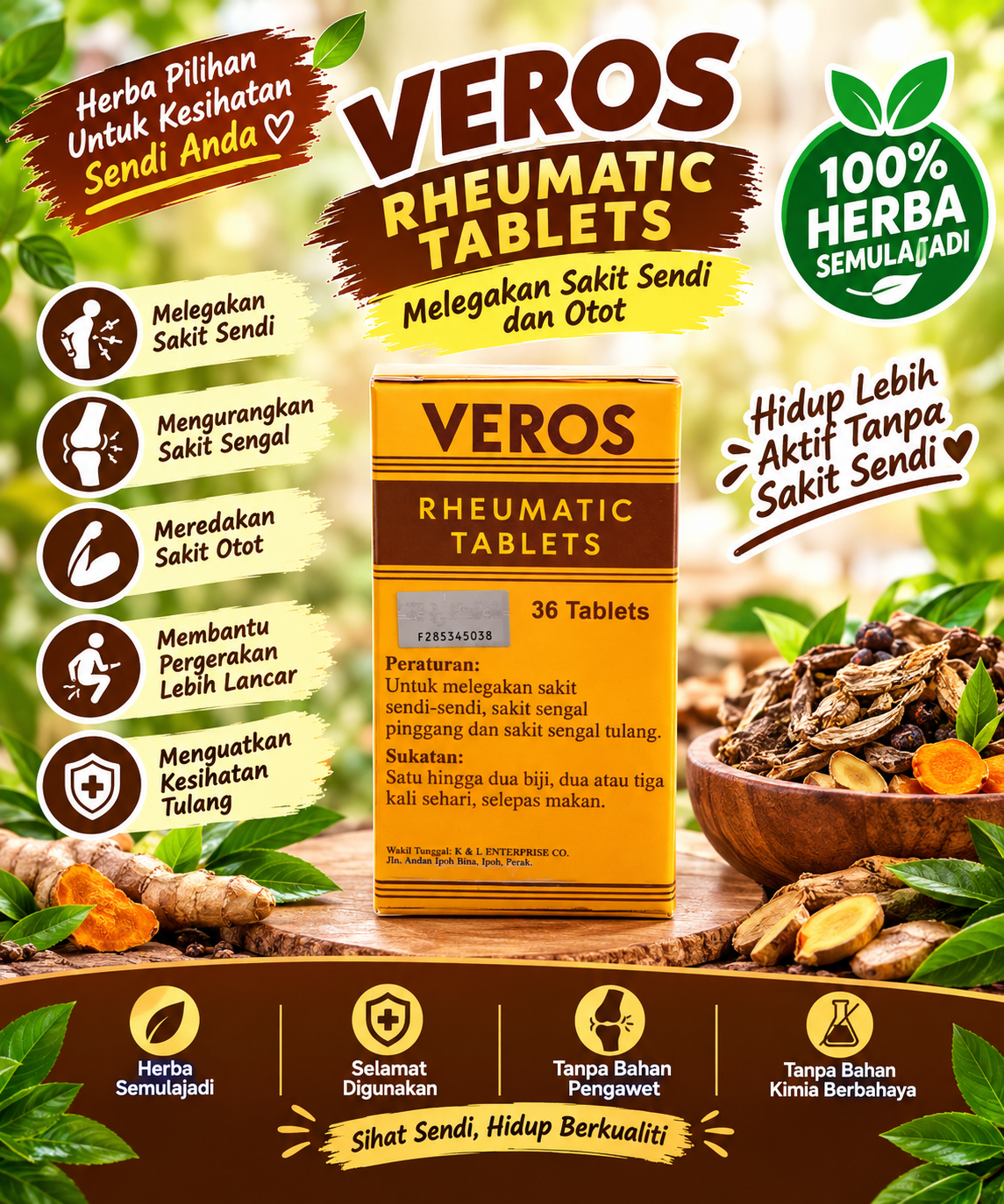 VEROS 36 Tablet Rheumatic Original | Ubat Sakit Sendi, Otot & Kebas Kaki Tangan (Herba Asli)