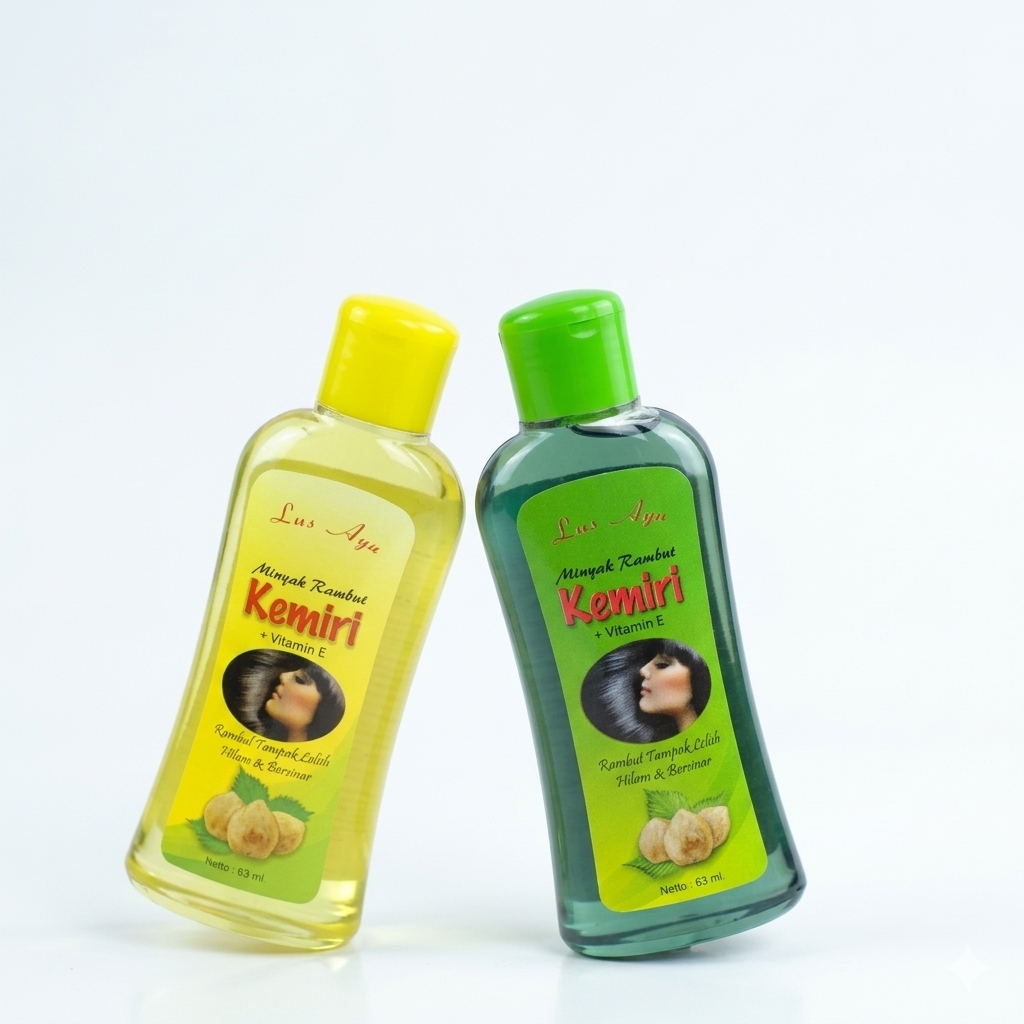 Lus Ayu Minyak Buah Keras / Kemiri Hair Oil + Vitamin E Original 63ml (Yellow / Green) - Lebatkan & Hitamkan Rambut Gugur